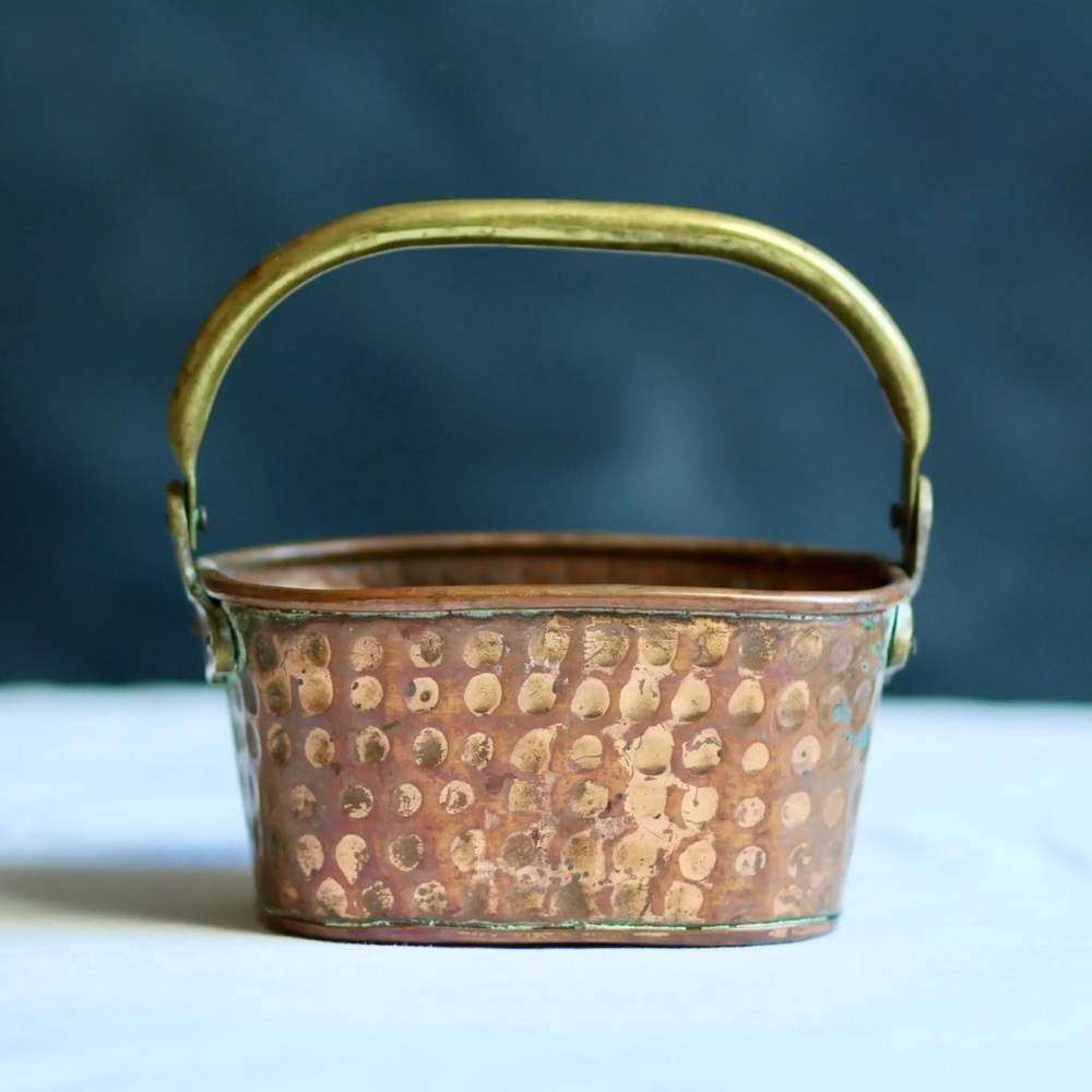 Vintage Hammered Copper and Brass Miniature Coal Scuttle Bucket – 6.5”x4.5”x3”
